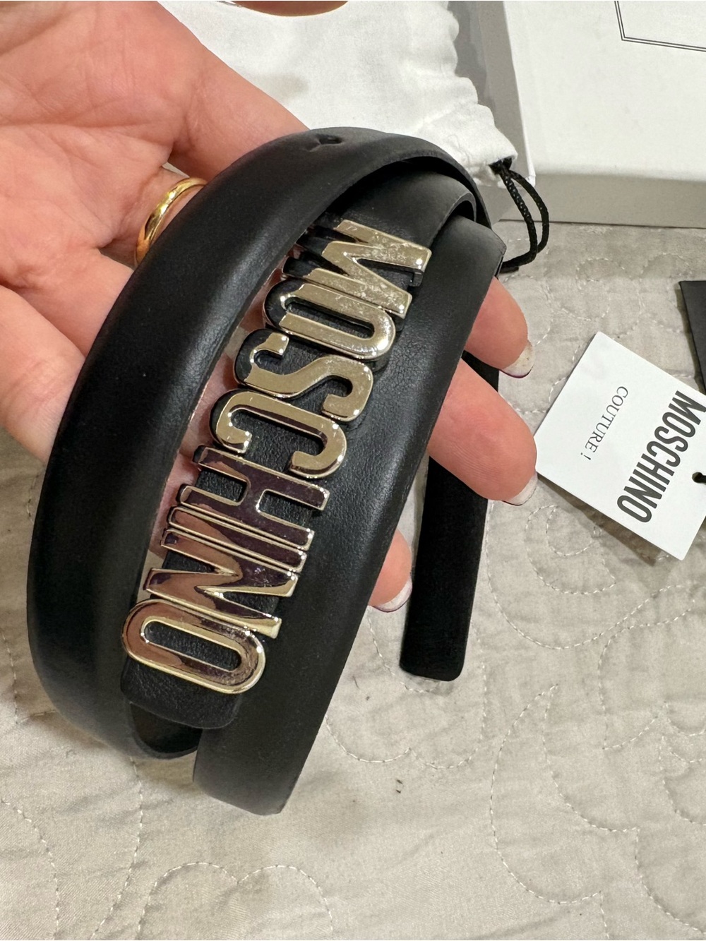Moschino Black Leather Headband with Gold Logo
